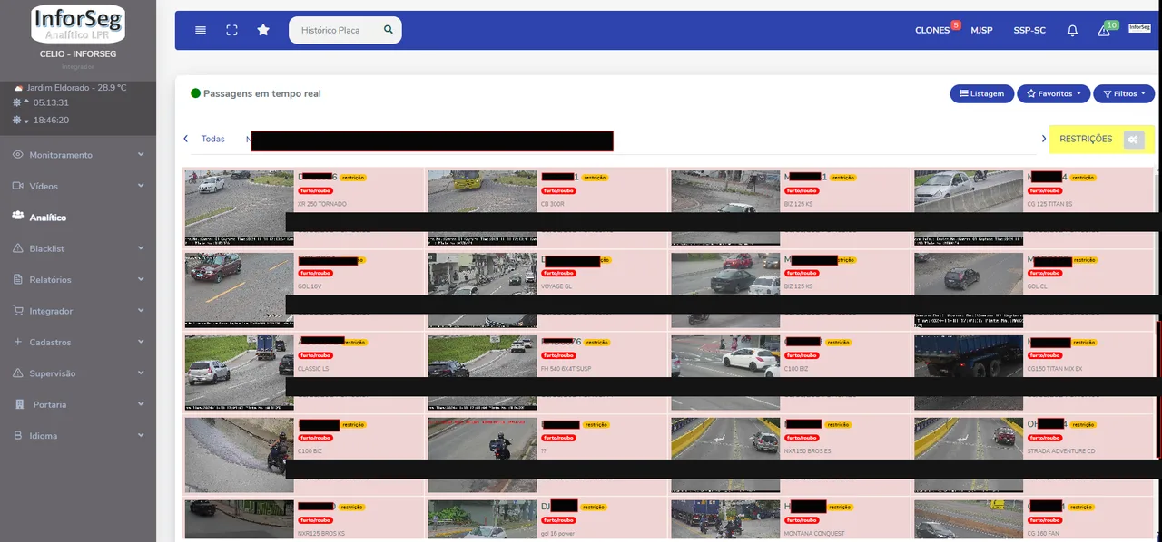 Painel de análise de imagens em tempo real do software da Inforseg, com leitura de placas em operação